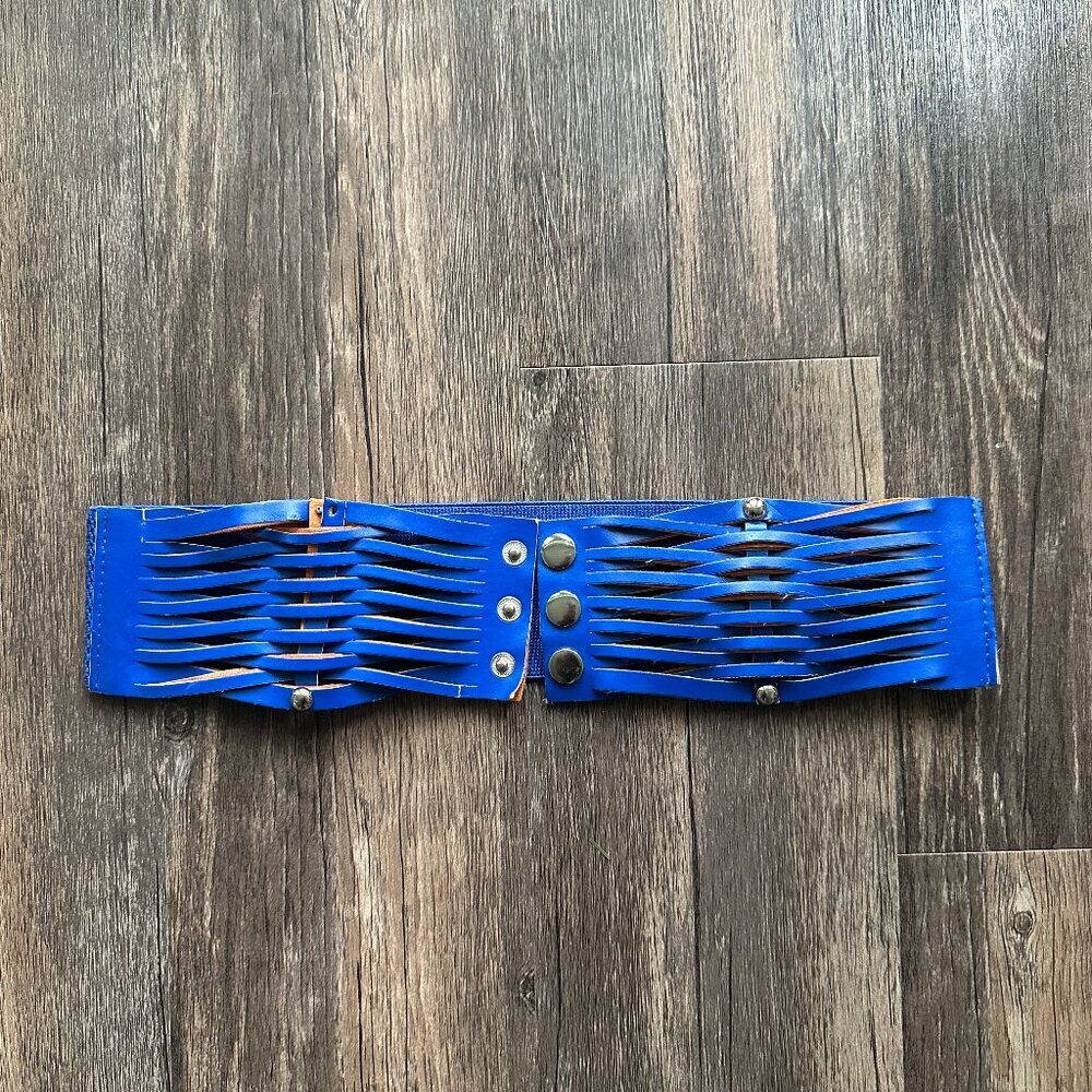 Blue and Brown Elastic Lattice Waist Belt with Snap Closure